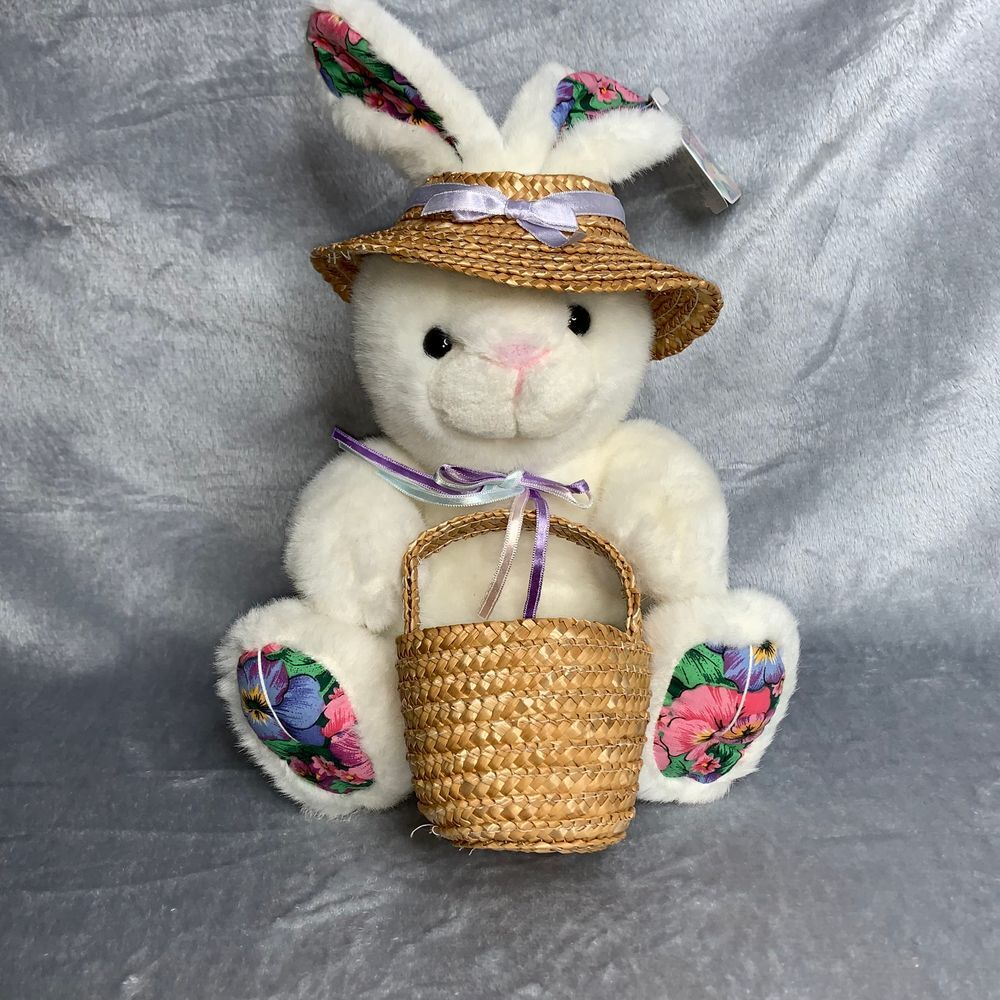 VTG America Wego‎ 1991 Bunny Plush White Floral Print Straw Hat & Basket Easter